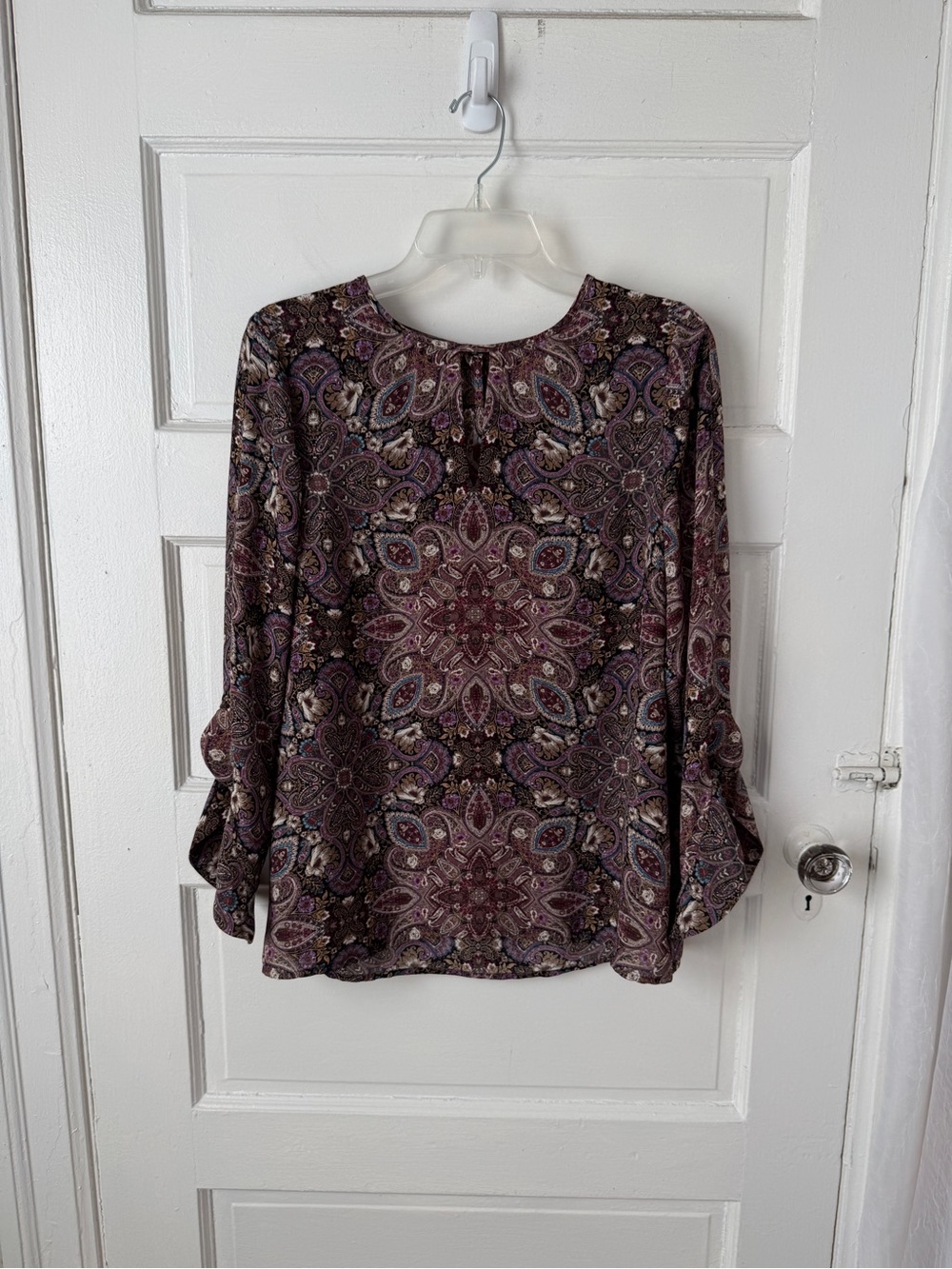 J. Jill Purple Paisley Long Sleeve Blouse Flutter Ruffle Sleeve Keyhole Neck S